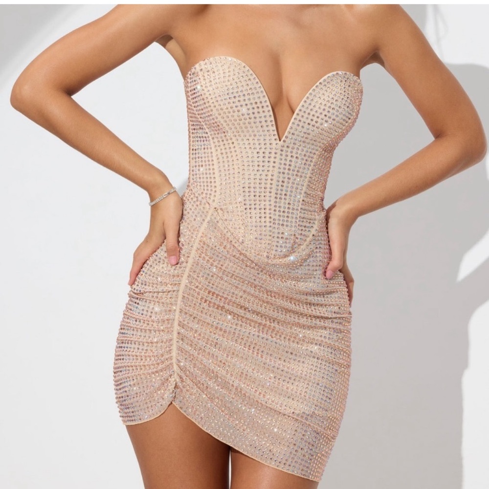 Oh Polly Xena Embellished Low Plunge Strapless Mini Dress Champagne